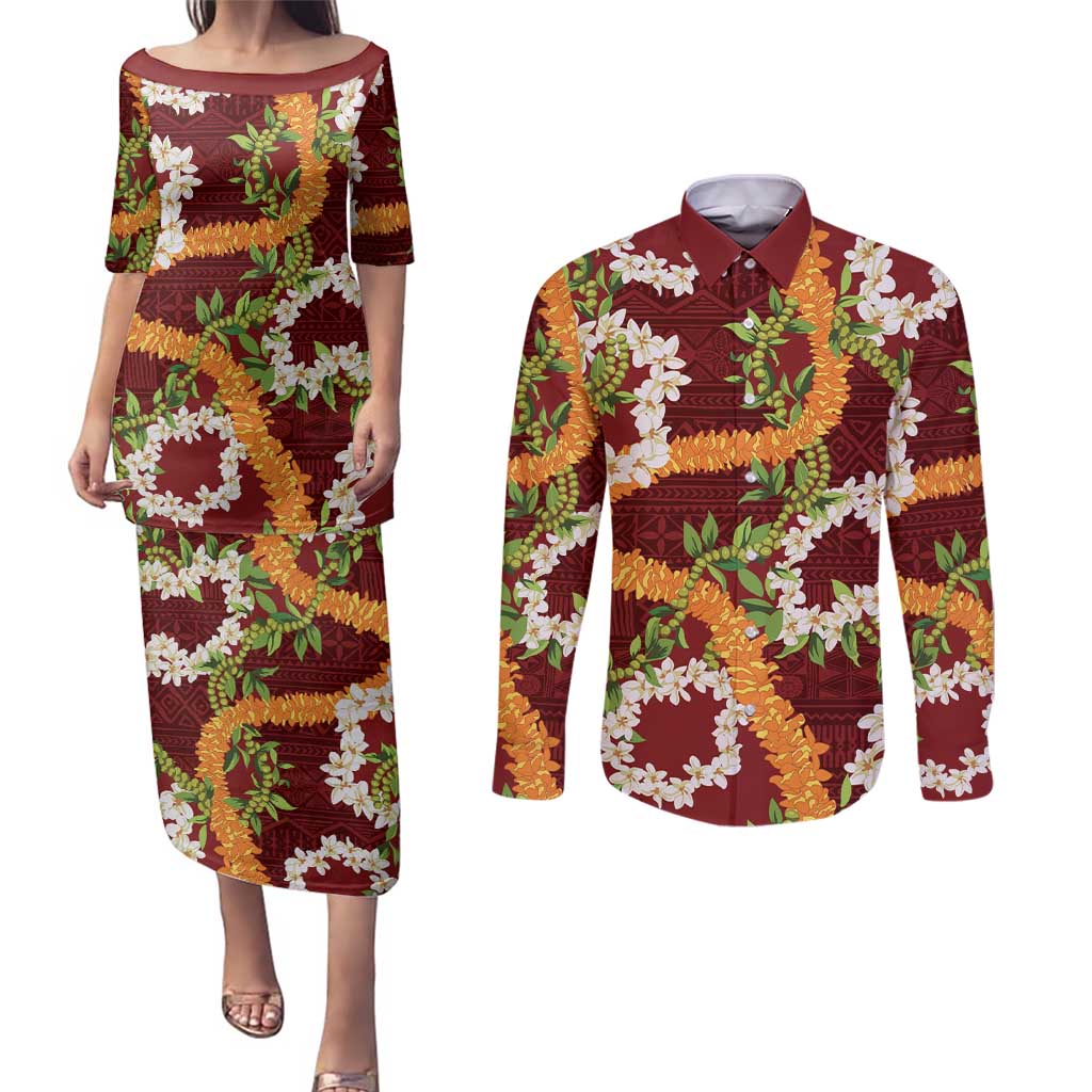 Aloha Festive Hawaii Couples Matching Puletasi and Long Sleeve Button Shirt Mokihana - Maile and Ilima on Crimson - Polynesian Pride
