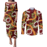 Aloha Festive Hawaii Couples Matching Puletasi and Long Sleeve Button Shirt Mokihana - Maile and Ilima on Crimson - Polynesian Pride
