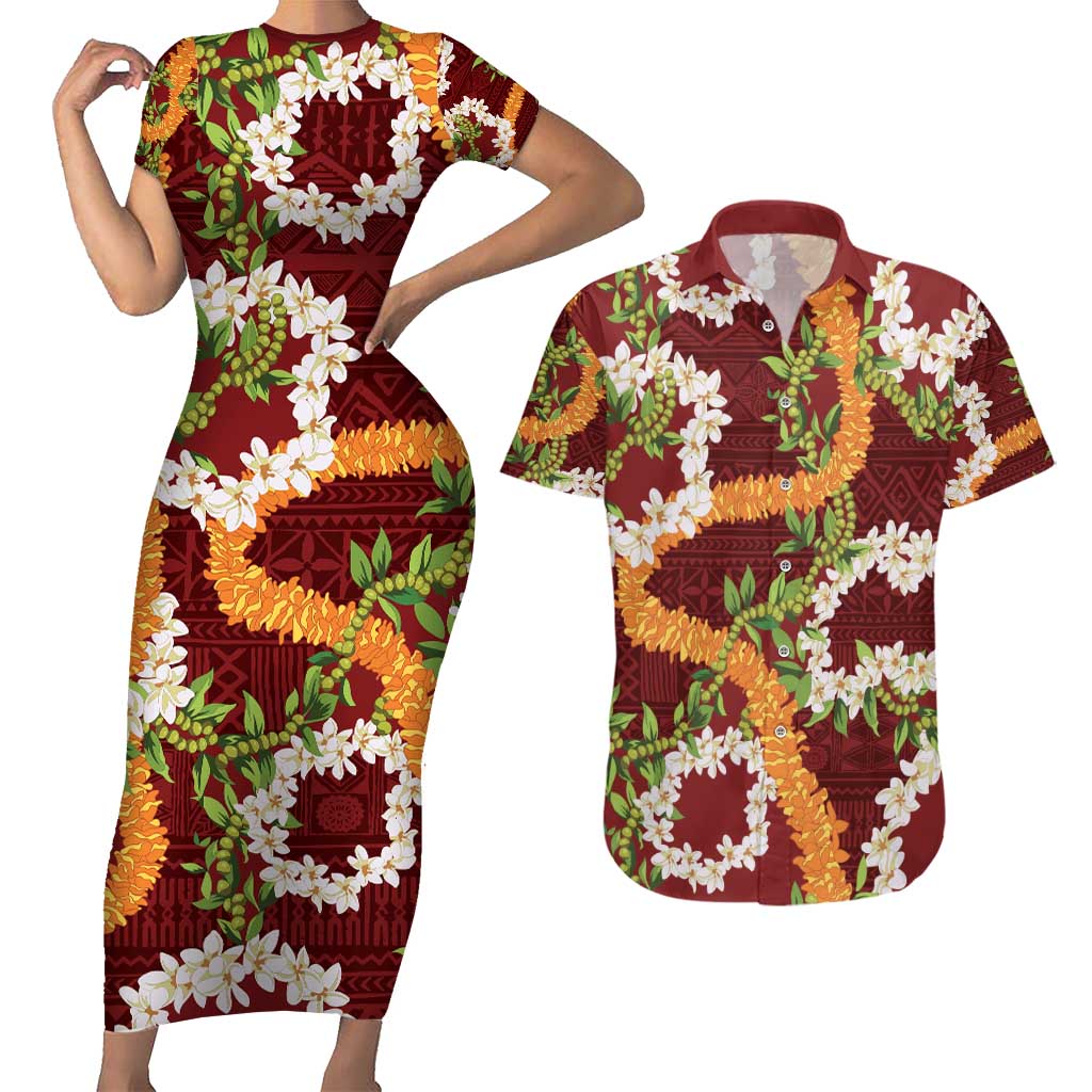 Aloha Festive Hawaii Couples Matching Short Sleeve Bodycon Dress and Hawaiian Shirt Mokihana - Maile and Ilima on Crimson LT7 Crimson - Polynesian Pride