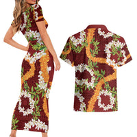 Aloha Festive Hawaii Couples Matching Short Sleeve Bodycon Dress and Hawaiian Shirt Mokihana - Maile and Ilima on Crimson LT7 - Polynesian Pride