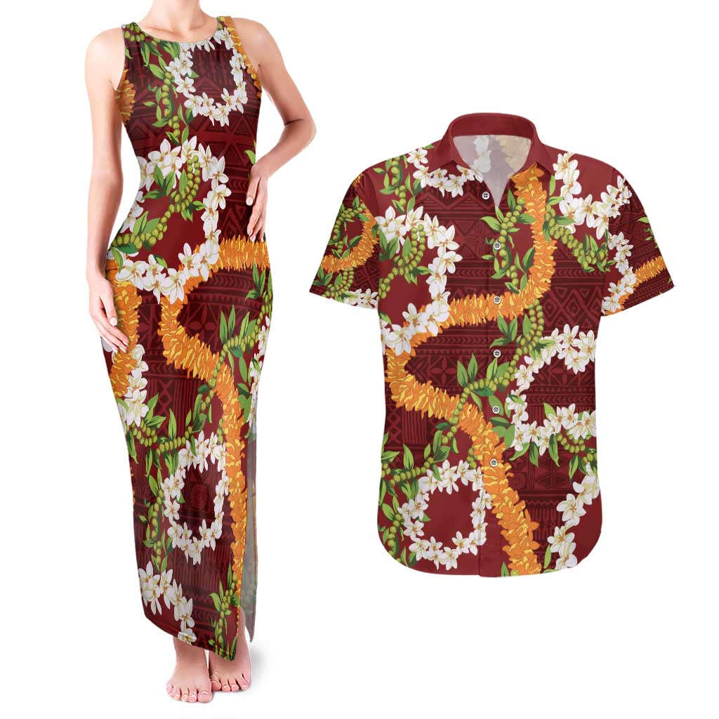 Aloha Festive Hawaii Couples Matching Tank Maxi Dress and Hawaiian Shirt Mokihana - Maile and Ilima on Crimson LT7 Crimson - Polynesian Pride