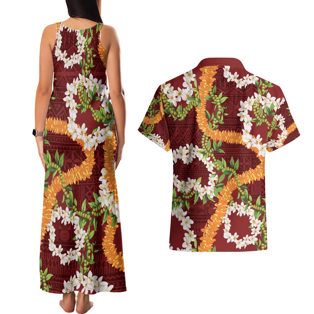Aloha Festive Hawaii Couples Matching Tank Maxi Dress and Hawaiian Shirt Mokihana - Maile and Ilima on Crimson LT7 - Polynesian Pride