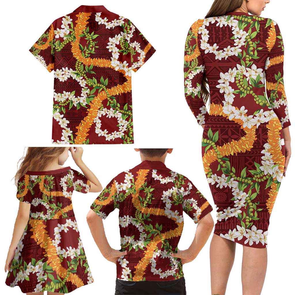 Aloha Festive Hawaii Family Matching Long Sleeve Bodycon Dress and Hawaiian Shirt Mokihana - Maile and Ilima on Crimson LT7 - Polynesian Pride