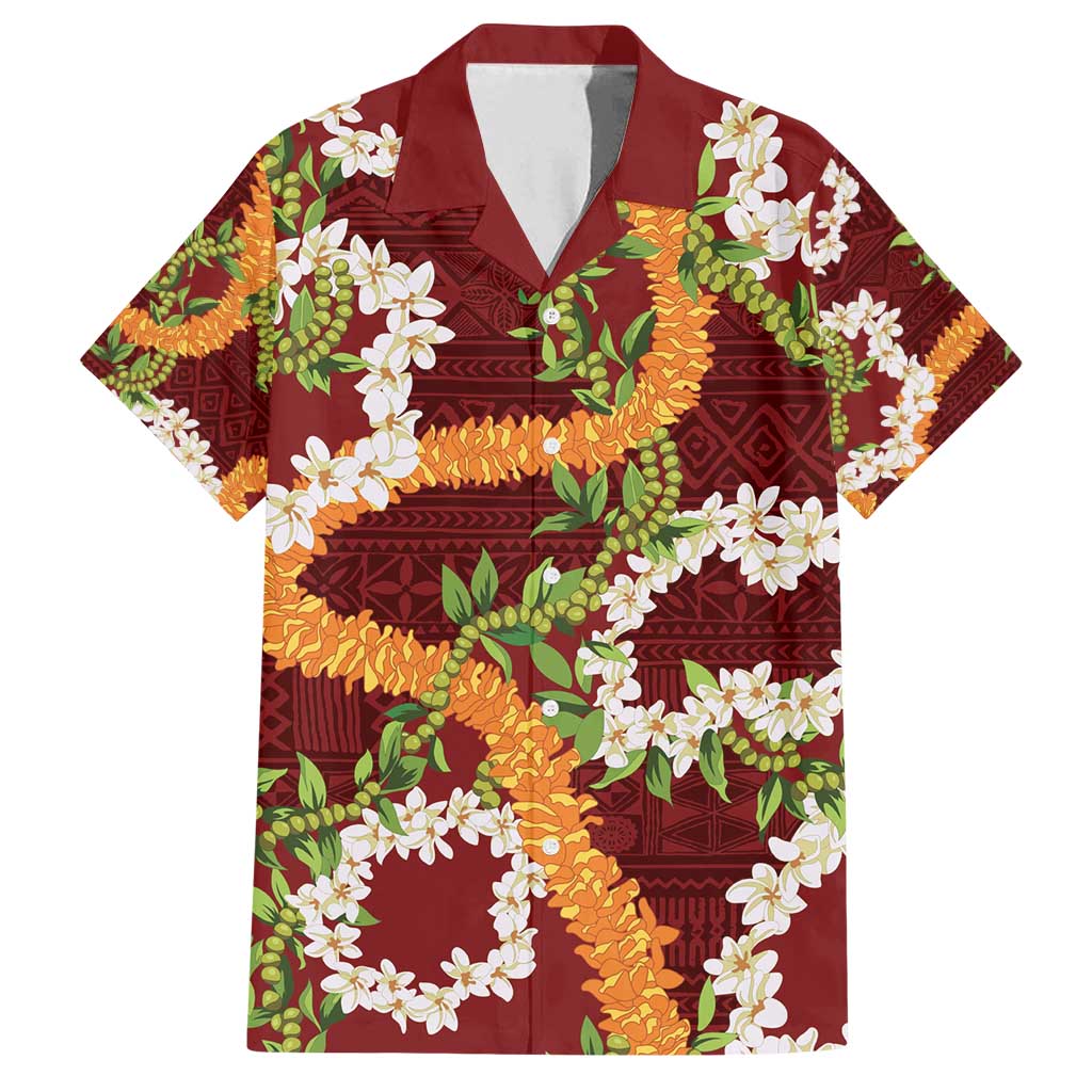 Aloha Festive Hawaii Family Matching Long Sleeve Bodycon Dress and Hawaiian Shirt Mokihana - Maile and Ilima on Crimson LT7 Dad's Shirt - Short Sleeve Crimson - Polynesian Pride