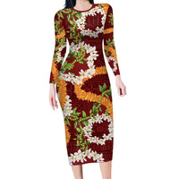 Aloha Festive Hawaii Family Matching Long Sleeve Bodycon Dress and Hawaiian Shirt Mokihana - Maile and Ilima on Crimson LT7 Mom's Dress Crimson - Polynesian Pride