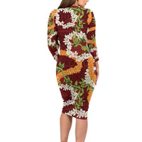 Aloha Festive Hawaii Family Matching Long Sleeve Bodycon Dress and Hawaiian Shirt Mokihana - Maile and Ilima on Crimson LT7 - Polynesian Pride