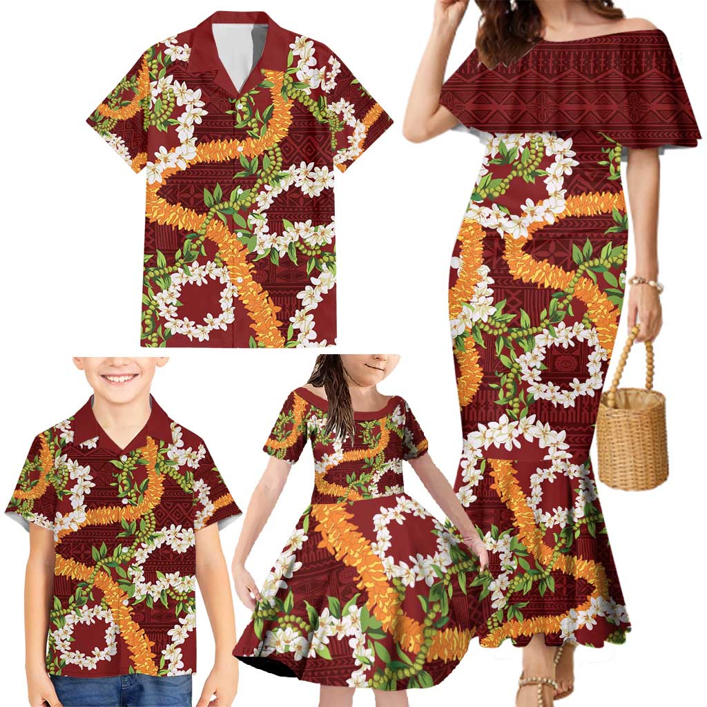 Aloha Festive Hawaii Family Matching Mermaid Dress and Hawaiian Shirt Mokihana - Maile and Ilima on Crimson LT7 - Polynesian Pride