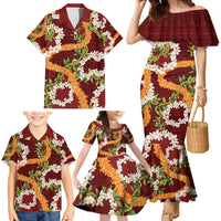 Aloha Festive Hawaii Family Matching Mermaid Dress and Hawaiian Shirt Mokihana - Maile and Ilima on Crimson LT7 - Polynesian Pride