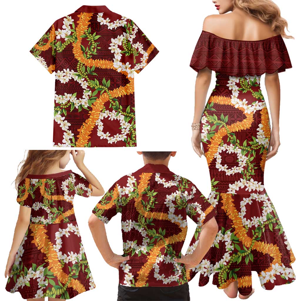 Aloha Festive Hawaii Family Matching Mermaid Dress and Hawaiian Shirt Mokihana - Maile and Ilima on Crimson LT7 - Polynesian Pride