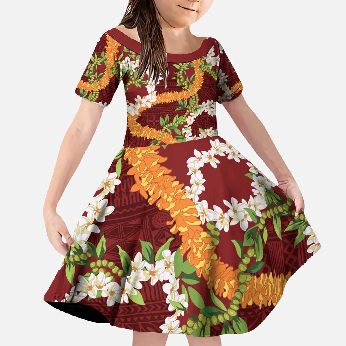 Aloha Festive Hawaii Family Matching Off The Shoulder Long Sleeve Dress and Hawaiian Shirt Mokihana - Maile and Ilima on Crimson LT7 Daughter's Dress Crimson - Polynesian Pride