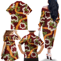 Aloha Festive Hawaii Family Matching Off The Shoulder Long Sleeve Dress and Hawaiian Shirt Mokihana - Maile and Ilima on Crimson LT7 - Polynesian Pride