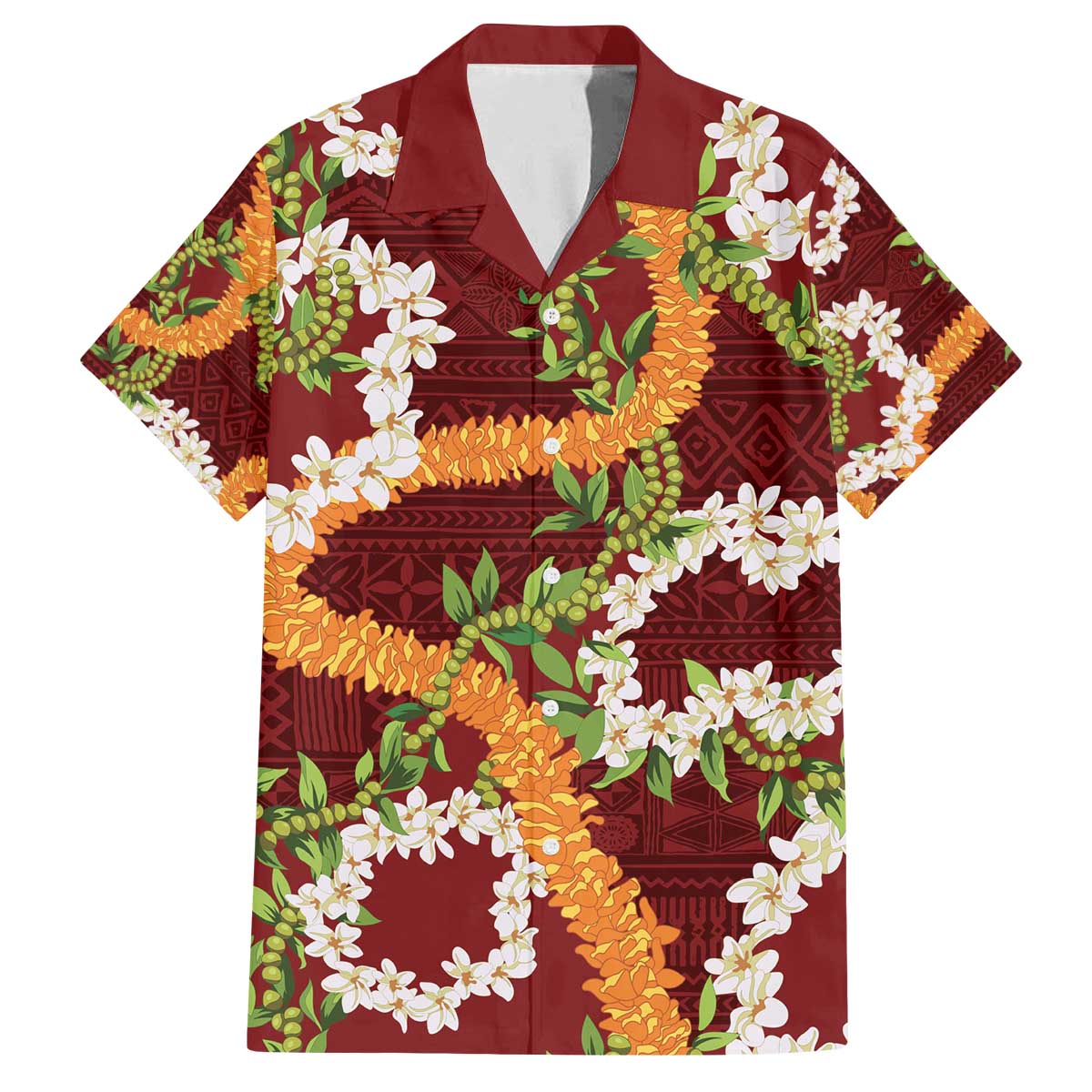 Aloha Festive Hawaii Family Matching Off The Shoulder Long Sleeve Dress and Hawaiian Shirt Mokihana - Maile and Ilima on Crimson LT7 Dad's Shirt - Short Sleeve Crimson - Polynesian Pride