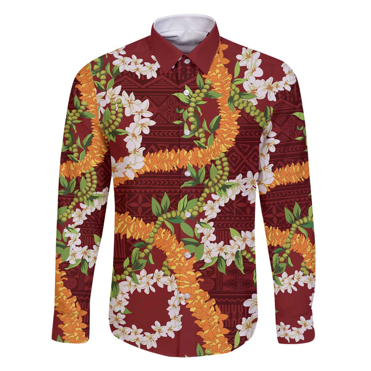 Aloha Festive Hawaii Family Matching Off The Shoulder Long Sleeve Dress and Hawaiian Shirt Mokihana - Maile and Ilima on Crimson LT7 Dad's Shirt - Long Sleeve Crimson - Polynesian Pride