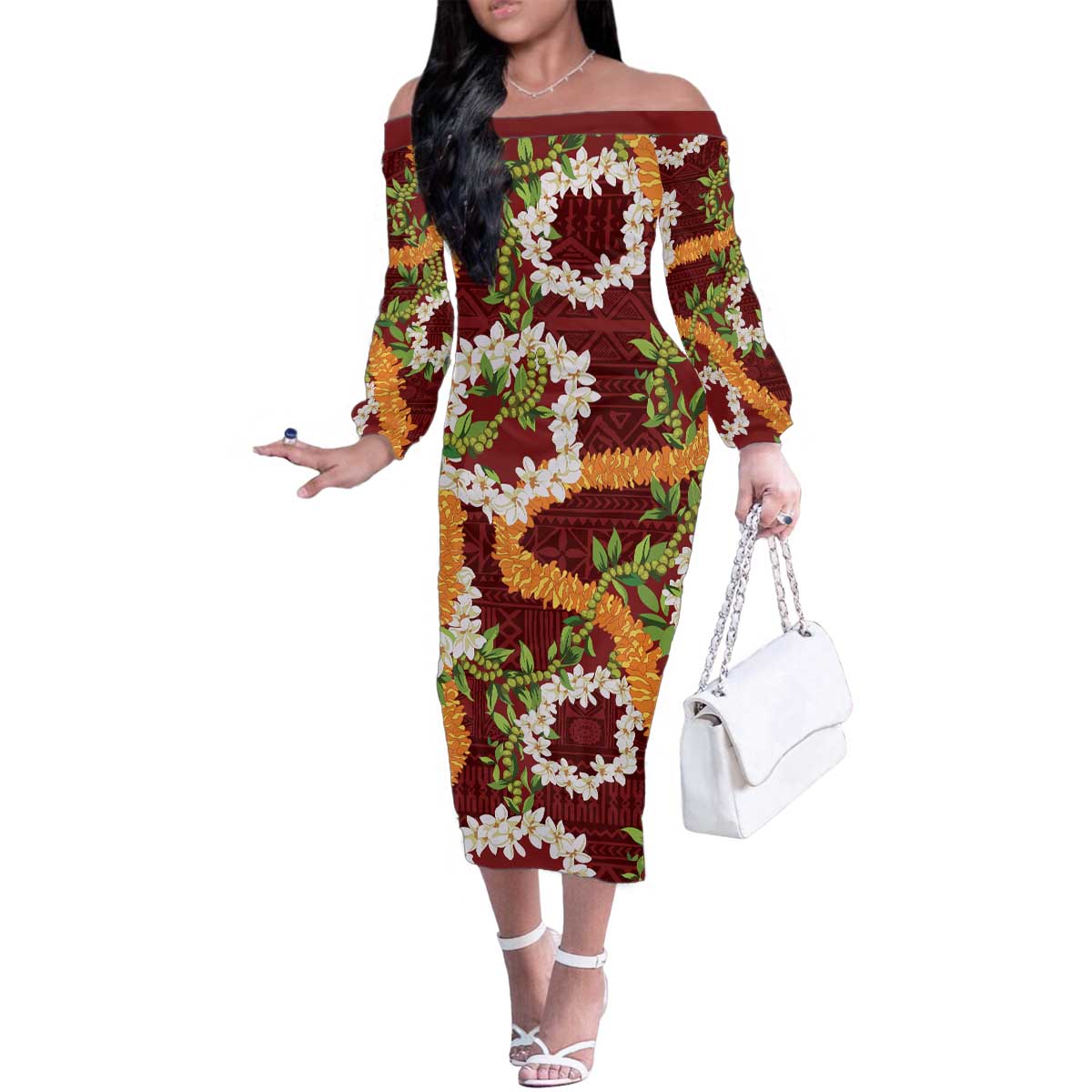 Aloha Festive Hawaii Family Matching Off The Shoulder Long Sleeve Dress and Hawaiian Shirt Mokihana - Maile and Ilima on Crimson LT7 Mom's Dress Crimson - Polynesian Pride