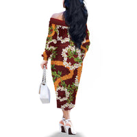 Aloha Festive Hawaii Family Matching Off The Shoulder Long Sleeve Dress and Hawaiian Shirt Mokihana - Maile and Ilima on Crimson LT7 - Polynesian Pride