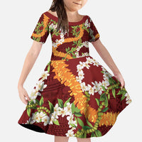 Aloha Festive Hawaii Family Matching Off Shoulder Maxi Dress and Hawaiian Shirt Mokihana - Maile and Ilima on Crimson LT7 Daughter's Dress Crimson - Polynesian Pride