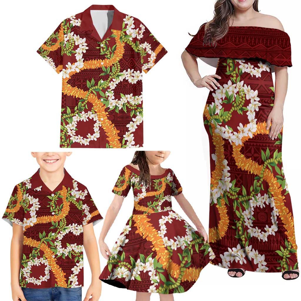 Aloha Festive Hawaii Family Matching Off Shoulder Maxi Dress and Hawaiian Shirt Mokihana - Maile and Ilima on Crimson LT7 - Polynesian Pride