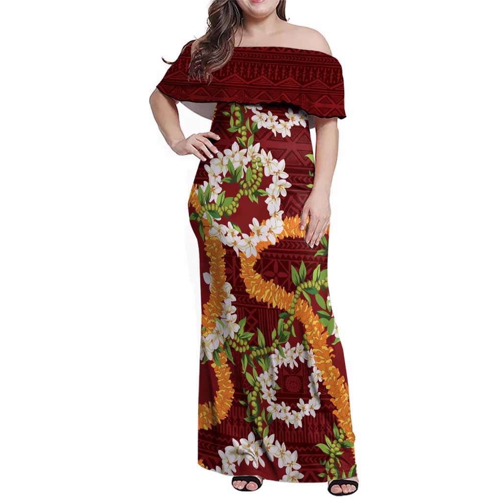 Aloha Festive Hawaii Family Matching Off Shoulder Maxi Dress and Hawaiian Shirt Mokihana - Maile and Ilima on Crimson LT7 Mom's Dress Crimson - Polynesian Pride