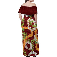Aloha Festive Hawaii Family Matching Off Shoulder Maxi Dress and Hawaiian Shirt Mokihana - Maile and Ilima on Crimson LT7 - Polynesian Pride