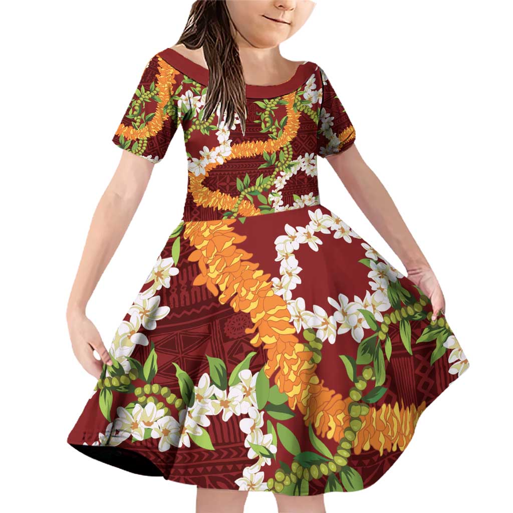 Aloha Festive Hawaii Family Matching Off Shoulder Short Dress and Hawaiian Shirt Mokihana - Maile and Ilima on Crimson LT7 Daughter's Dress Crimson - Polynesian Pride