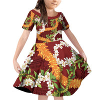 Aloha Festive Hawaii Family Matching Off Shoulder Short Dress and Hawaiian Shirt Mokihana - Maile and Ilima on Crimson LT7 Daughter's Dress Crimson - Polynesian Pride