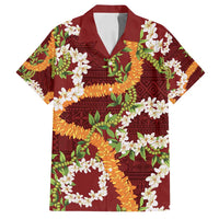 Aloha Festive Hawaii Family Matching Off Shoulder Short Dress and Hawaiian Shirt Mokihana - Maile and Ilima on Crimson LT7 Dad's Shirt - Short Sleeve Crimson - Polynesian Pride