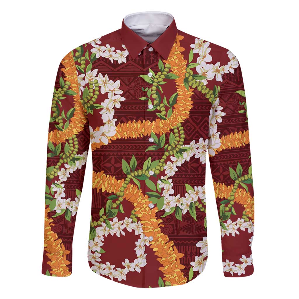 Aloha Festive Hawaii Family Matching Off Shoulder Short Dress and Hawaiian Shirt Mokihana - Maile and Ilima on Crimson LT7 Dad's Shirt - Long Sleeve Crimson - Polynesian Pride