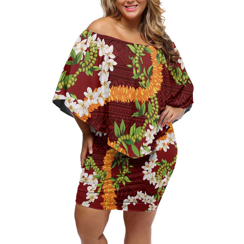Aloha Festive Hawaii Family Matching Off Shoulder Short Dress and Hawaiian Shirt Mokihana - Maile and Ilima on Crimson LT7 Mom's Dress Crimson - Polynesian Pride