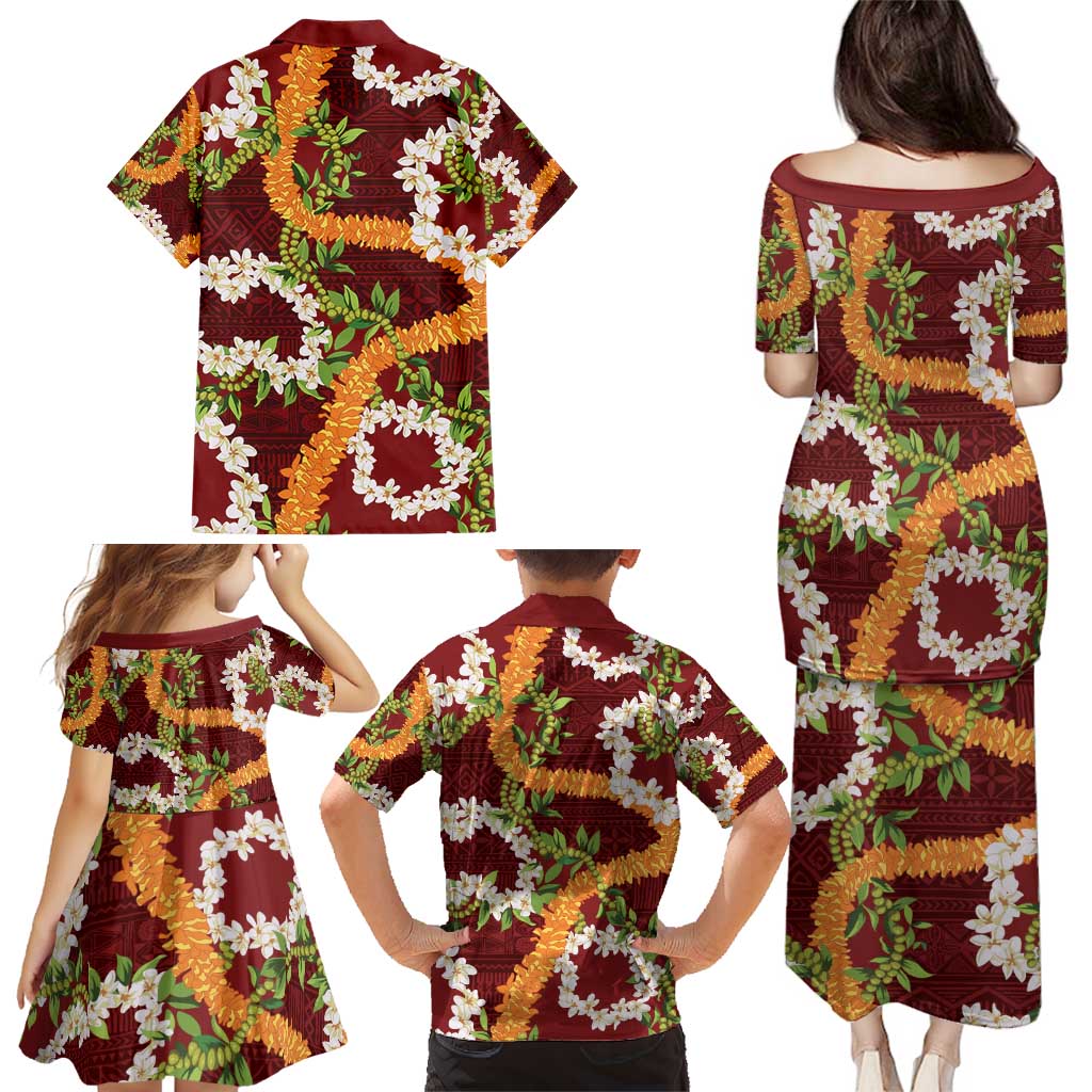 Aloha Festive Hawaii Family Matching Puletasi and Hawaiian Shirt Mokihana - Maile and Ilima on Crimson LT7 - Polynesian Pride