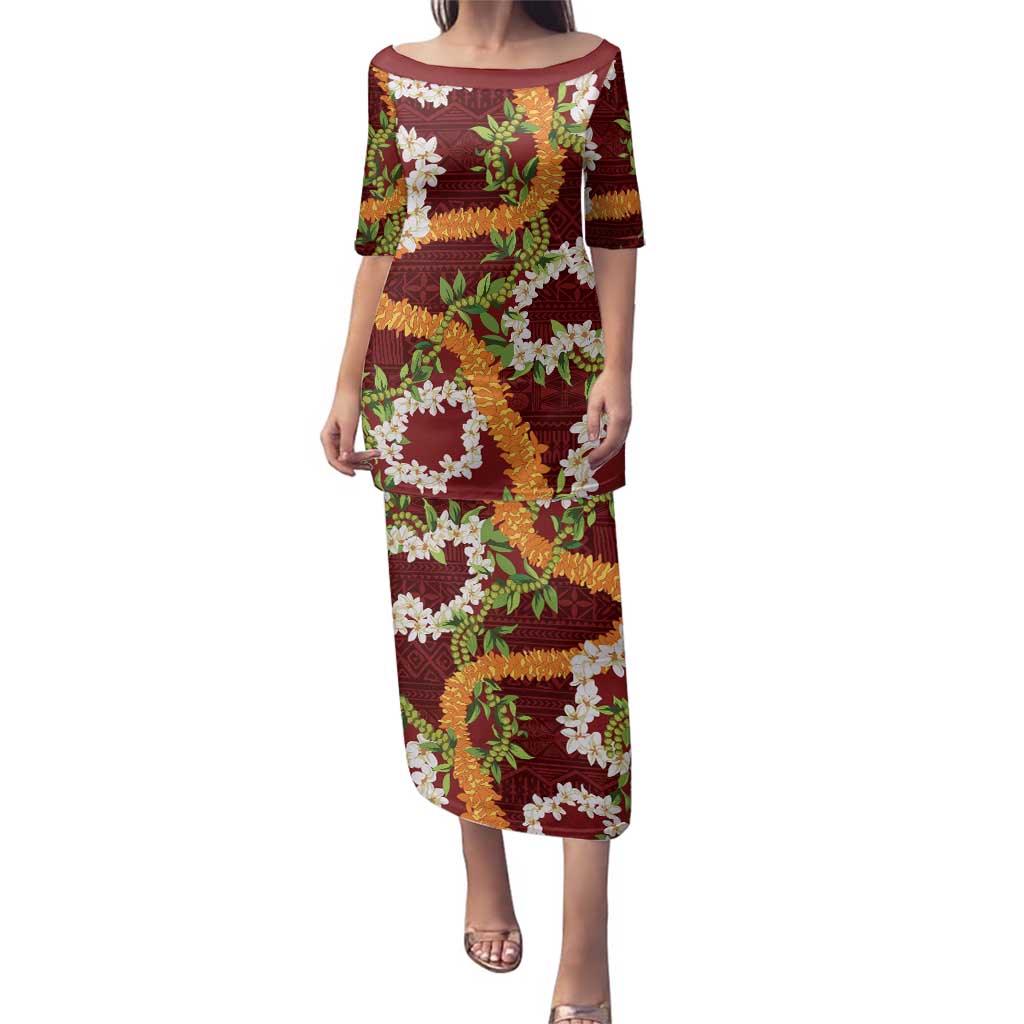 Aloha Festive Hawaii Family Matching Puletasi and Hawaiian Shirt Mokihana - Maile and Ilima on Crimson LT7 Mom's Dress Crimson - Polynesian Pride