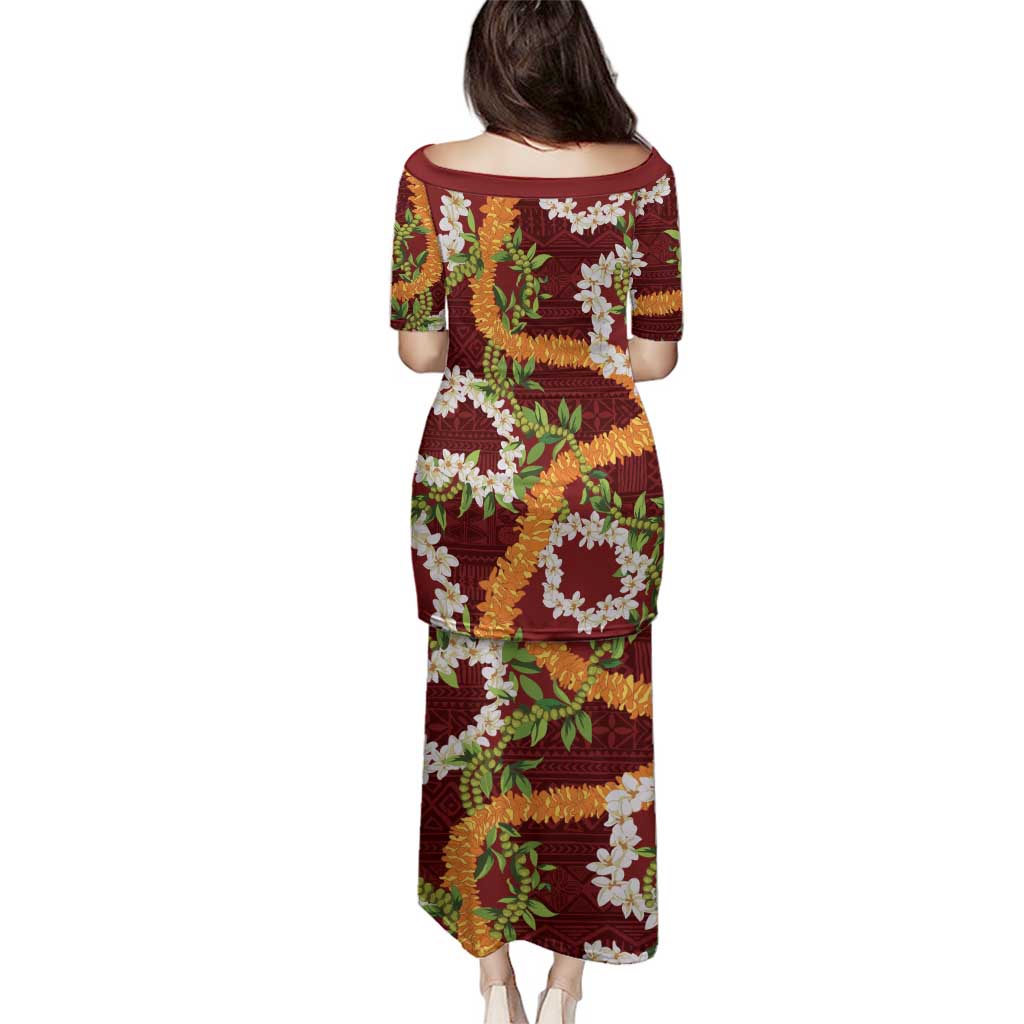 Aloha Festive Hawaii Family Matching Puletasi and Hawaiian Shirt Mokihana - Maile and Ilima on Crimson LT7 - Polynesian Pride