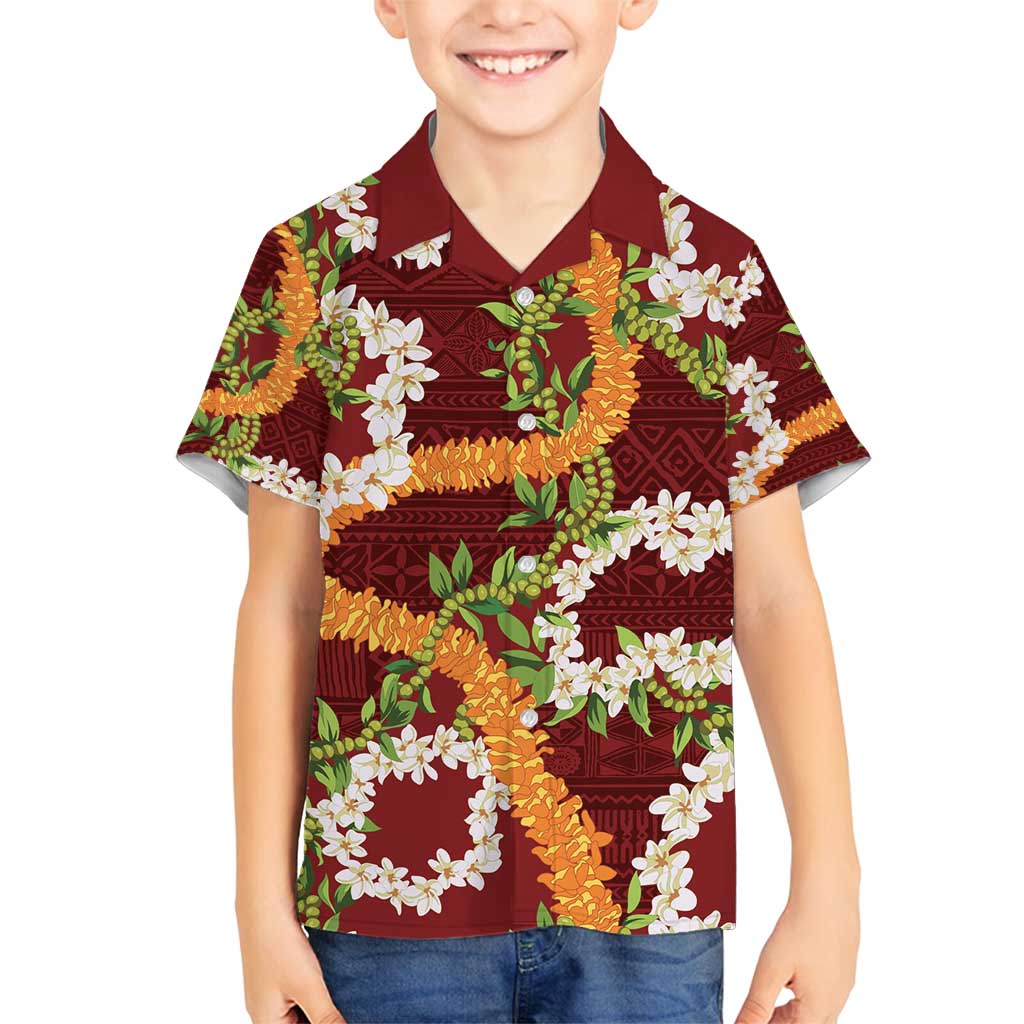 Aloha Festive Hawaii Family Matching Puletasi and Hawaiian Shirt Mokihana - Maile and Ilima on Crimson LT7 Son's Shirt Crimson - Polynesian Pride