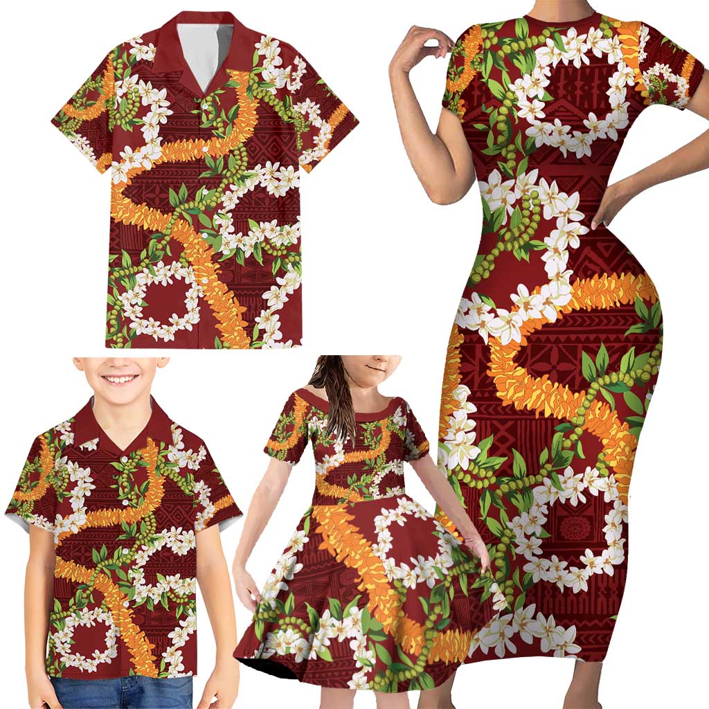 Aloha Festive Hawaii Family Matching Short Sleeve Bodycon Dress and Hawaiian Shirt Mokihana - Maile and Ilima on Crimson LT7 - Polynesian Pride