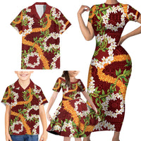 Aloha Festive Hawaii Family Matching Short Sleeve Bodycon Dress and Hawaiian Shirt Mokihana - Maile and Ilima on Crimson LT7 - Polynesian Pride