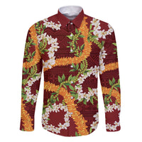 Aloha Festive Hawaii Family Matching Short Sleeve Bodycon Dress and Hawaiian Shirt Mokihana - Maile and Ilima on Crimson LT7 Dad's Shirt - Long Sleeve Crimson - Polynesian Pride