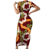 Aloha Festive Hawaii Family Matching Short Sleeve Bodycon Dress and Hawaiian Shirt Mokihana - Maile and Ilima on Crimson LT7 Mom's Dress Crimson - Polynesian Pride