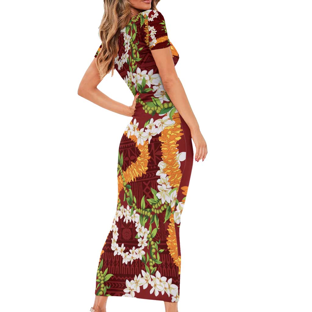 Aloha Festive Hawaii Family Matching Short Sleeve Bodycon Dress and Hawaiian Shirt Mokihana - Maile and Ilima on Crimson LT7 - Polynesian Pride