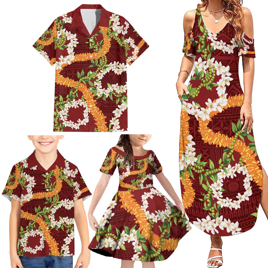 Aloha Festive Hawaii Family Matching Summer Maxi Dress and Hawaiian Shirt Mokihana - Maile and Ilima on Crimson LT7 - Polynesian Pride