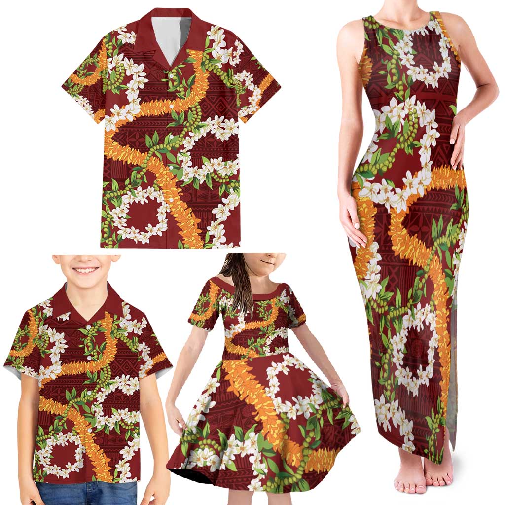 Aloha Festive Hawaii Family Matching Tank Maxi Dress and Hawaiian Shirt Mokihana - Maile and Ilima on Crimson LT7 - Polynesian Pride