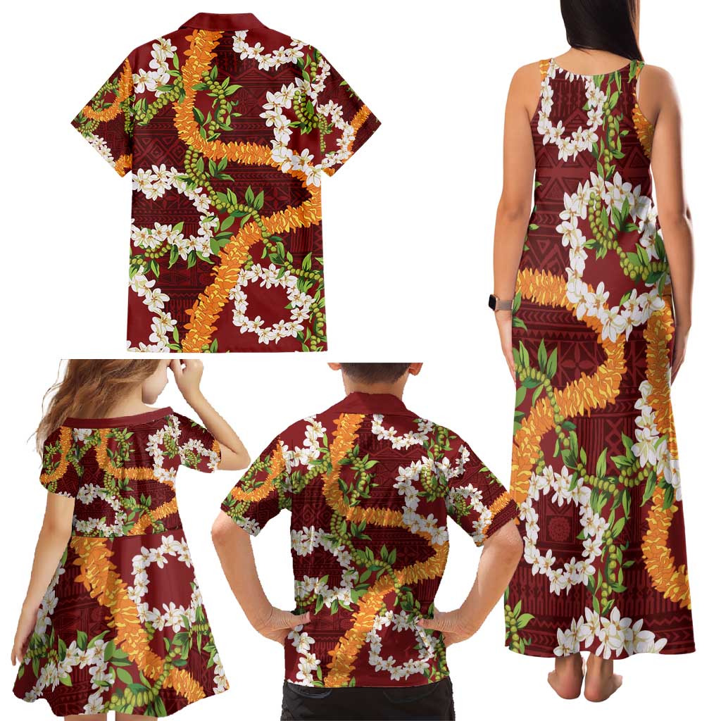 Aloha Festive Hawaii Family Matching Tank Maxi Dress and Hawaiian Shirt Mokihana - Maile and Ilima on Crimson LT7 - Polynesian Pride