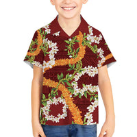 Aloha Festive Hawaii Family Matching Tank Maxi Dress and Hawaiian Shirt Mokihana - Maile and Ilima on Crimson LT7 Son's Shirt Crimson - Polynesian Pride