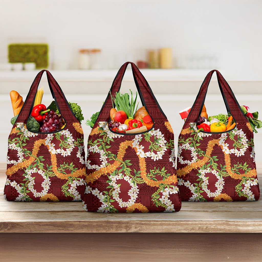 Aloha Festive Hawaii Grocery Bag Mokihana - Maile and Ilima on Crimson - Polynesian Pride