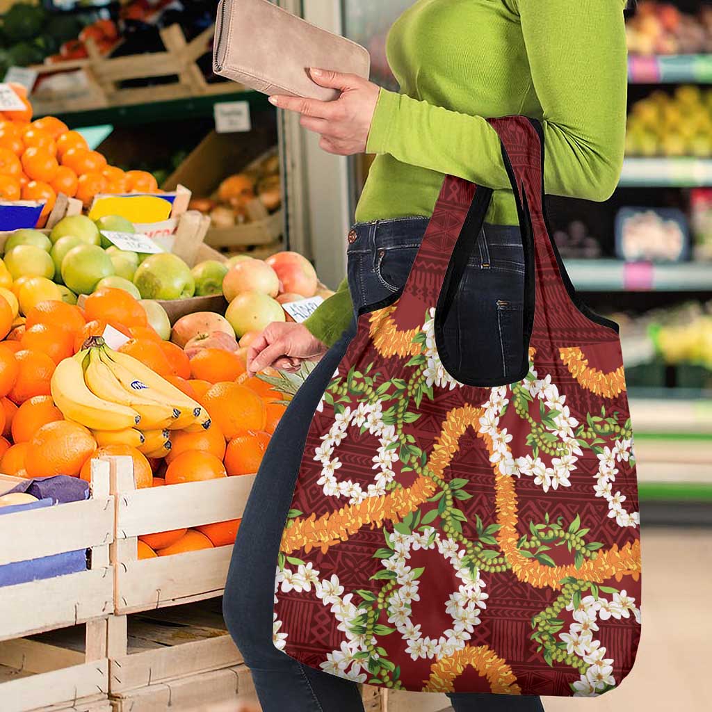 Aloha Festive Hawaii Grocery Bag Mokihana - Maile and Ilima on Crimson - Polynesian Pride