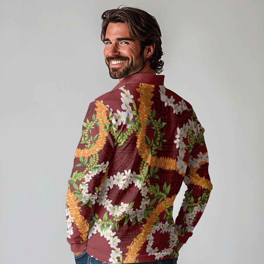 Aloha Festive Hawaii Long Sleeve Polo Shirt Mokihana - Maile and Ilima on Crimson - Polynesian Pride