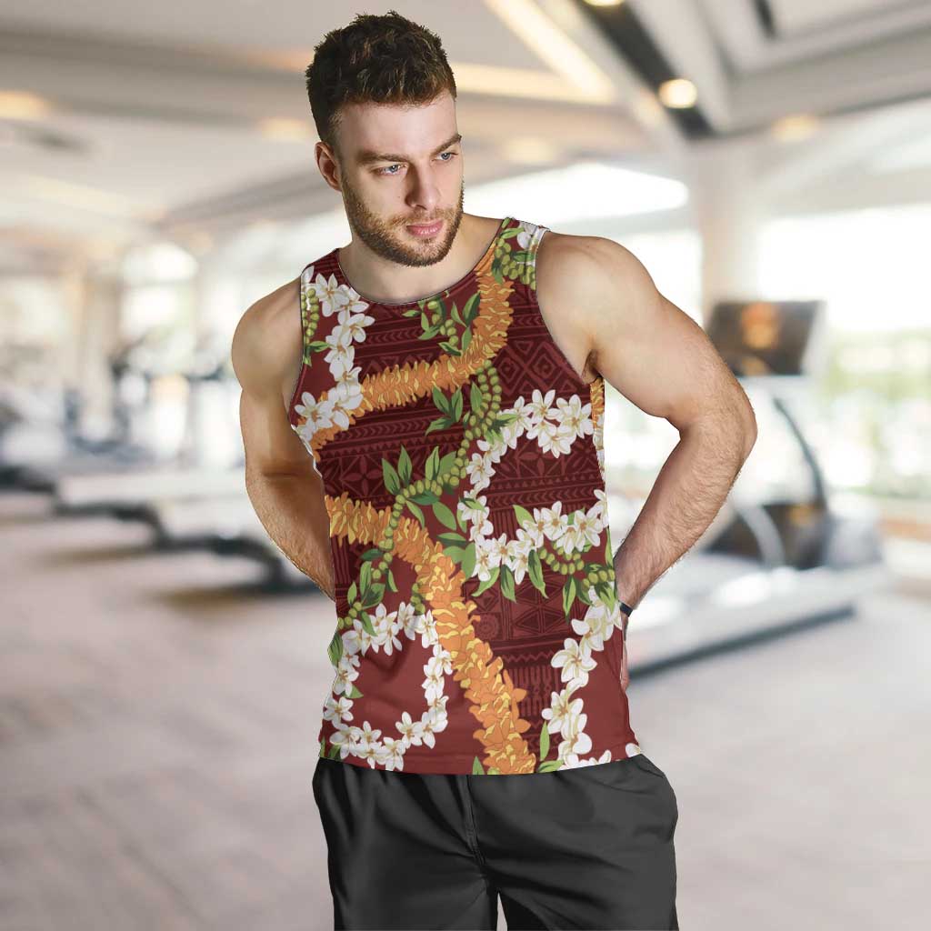 Aloha Festive Hawaii Men Tank Top Mokihana - Maile and Ilima on Crimson - Polynesian Pride