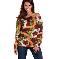 Aloha Festive Hawaii Off Shoulder Sweater Mokihana - Maile and Ilima on Crimson LT7 Women Crimson - Polynesian Pride