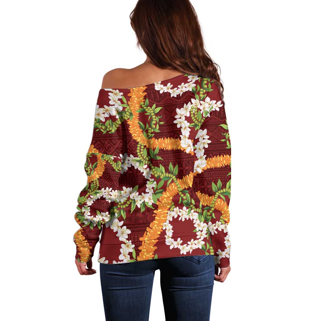 Aloha Festive Hawaii Off Shoulder Sweater Mokihana - Maile and Ilima on Crimson LT7 - Polynesian Pride