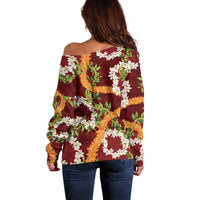 Aloha Festive Hawaii Off Shoulder Sweater Mokihana - Maile and Ilima on Crimson LT7 - Polynesian Pride