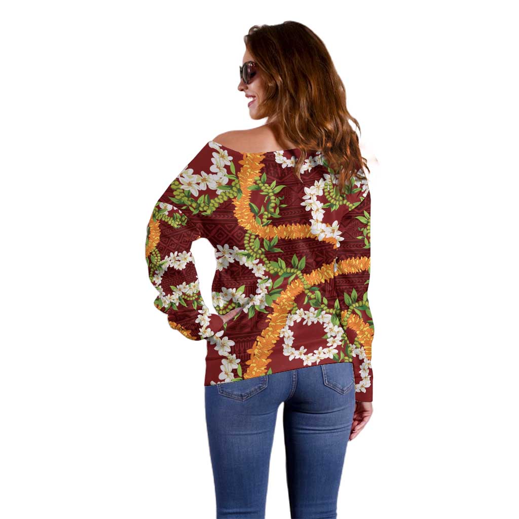 Aloha Festive Hawaii Off Shoulder Sweater Mokihana - Maile and Ilima on Crimson LT7 - Polynesian Pride