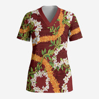 Aloha Festive Hawaii Scrub Top Mokihana - Maile and Ilima on Crimson - Polynesian Pride